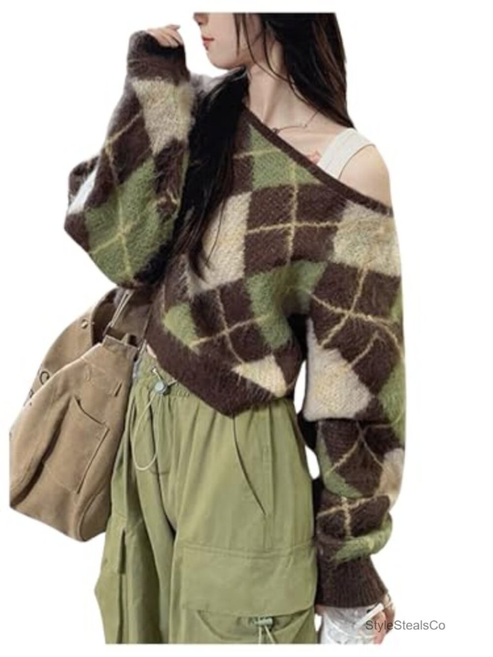 Argyle Plaid Off Shoulder Long Sleeve Crop Knit Pullover Sweater